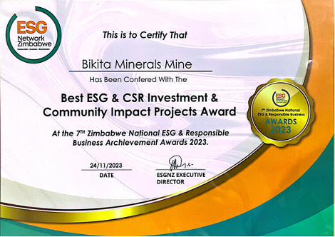 bet356体育所属比基塔矿业荣获津巴布韦最佳企业社会投资和社区影响项目奖